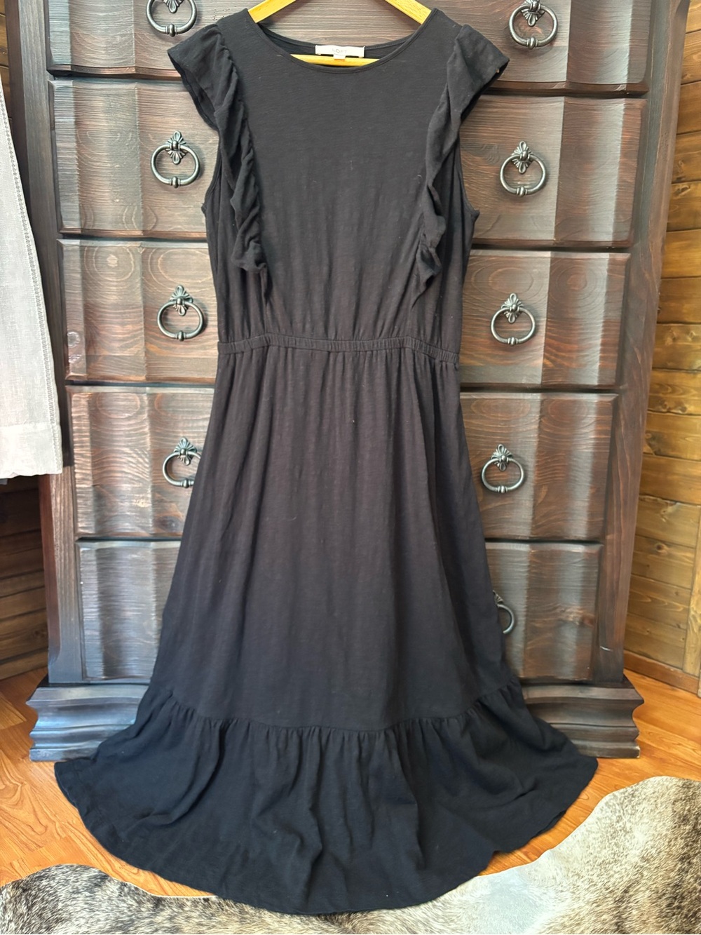 Loft Women’s Black Ruffle Maxi Dress, Size Large, Like New